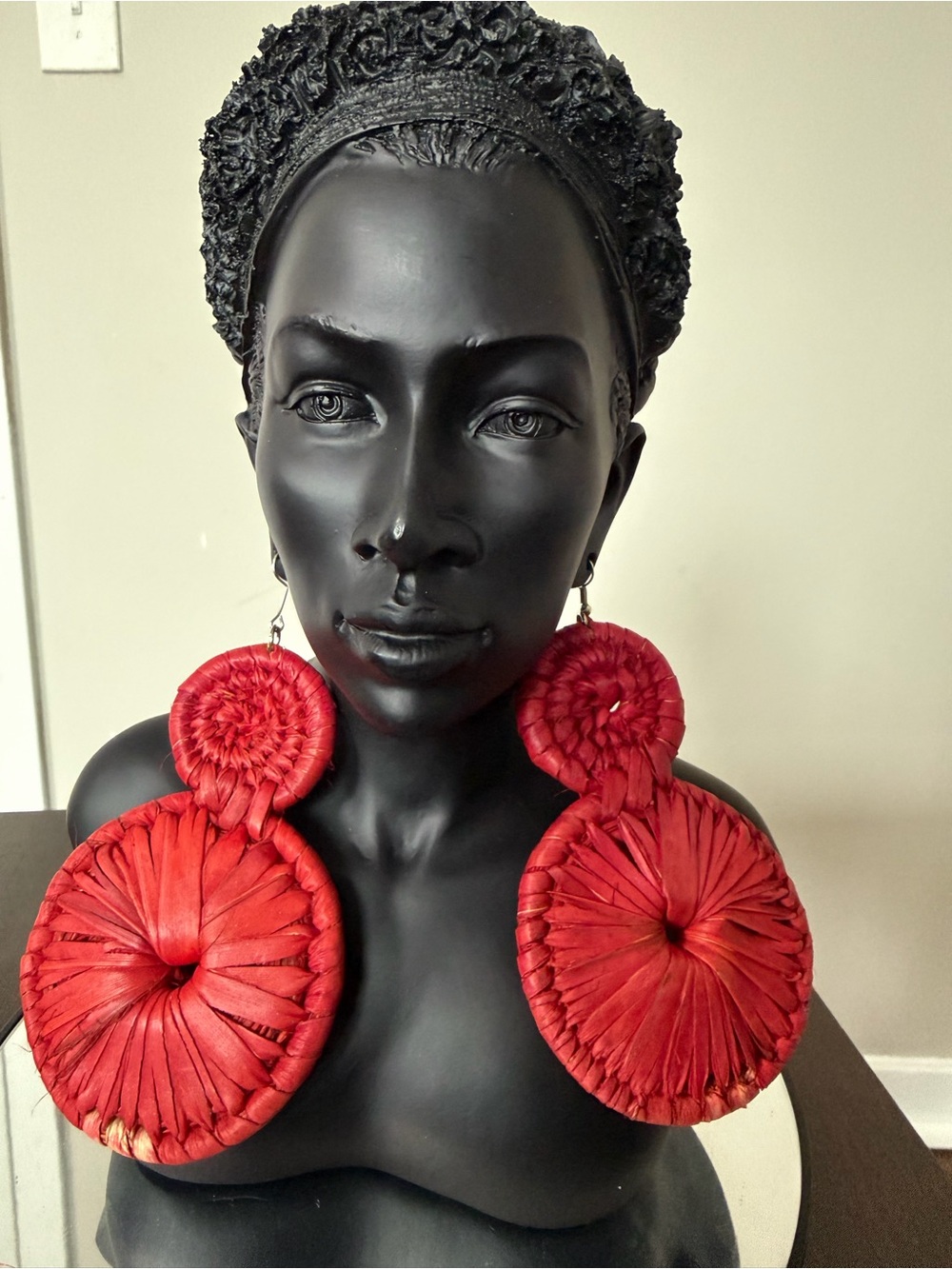 Handmade Red Raffia Double-Disk Statement Earrings - Brand: